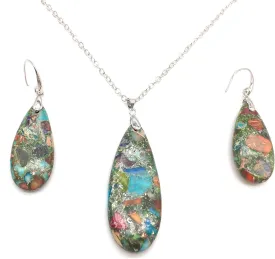 Teardrop Sea Sediment Imperial Jasper Natural Stone Gemstone Necklace Pendant & Drop Dangle Hook Earrings Jewelry Set For Women