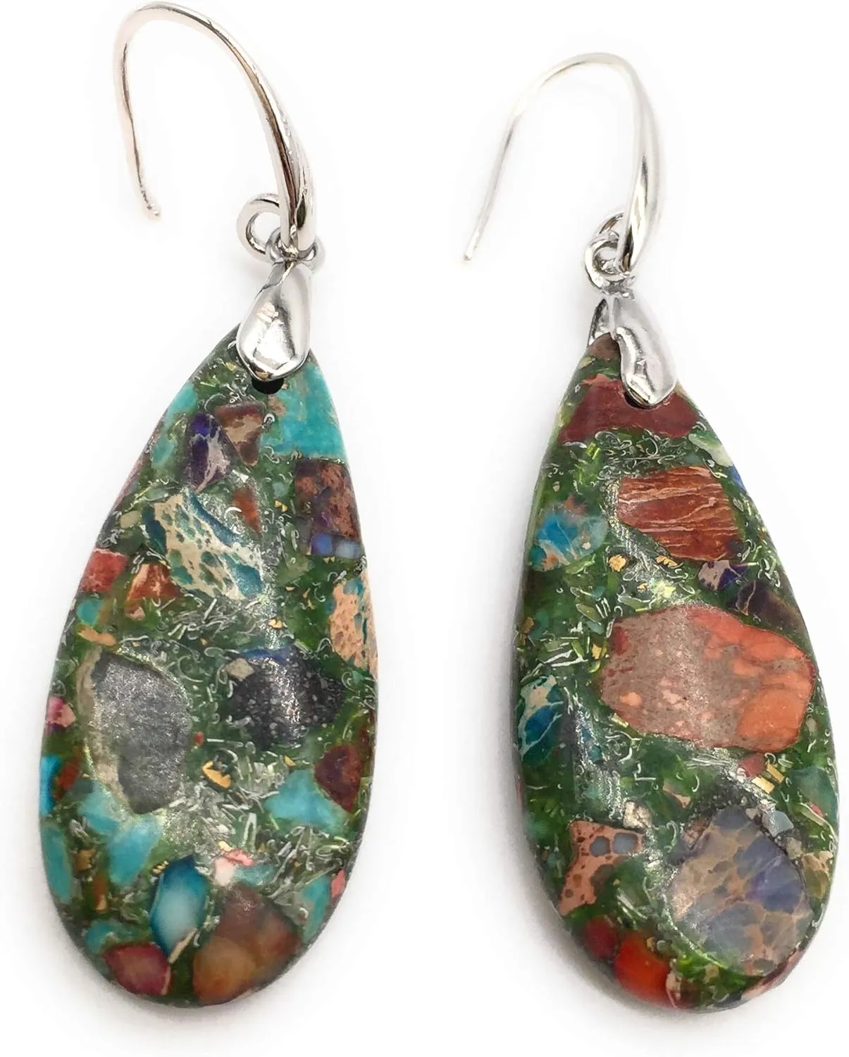 Teardrop Sea Sediment Imperial Jasper Natural Stone Gemstone Necklace Pendant & Drop Dangle Hook Earrings Jewelry Set For Women