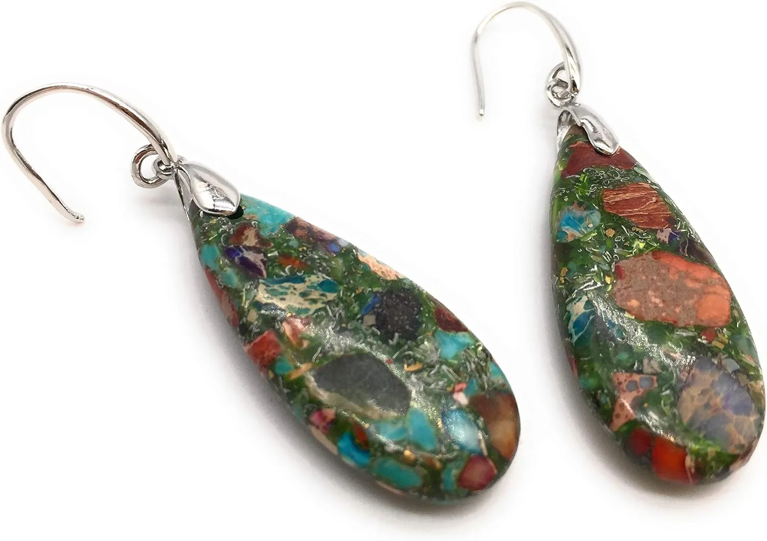 Teardrop Sea Sediment Imperial Jasper Natural Stone Gemstone Necklace Pendant & Drop Dangle Hook Earrings Jewelry Set For Women