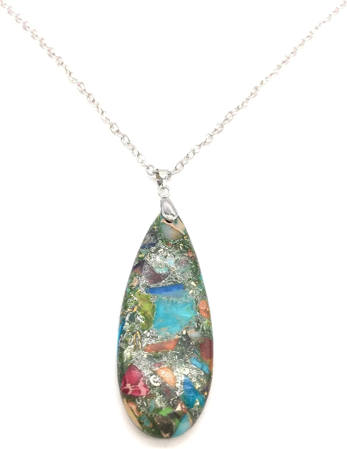 Teardrop Sea Sediment Imperial Jasper Natural Stone Gemstone Necklace Pendant & Drop Dangle Hook Earrings Jewelry Set For Women