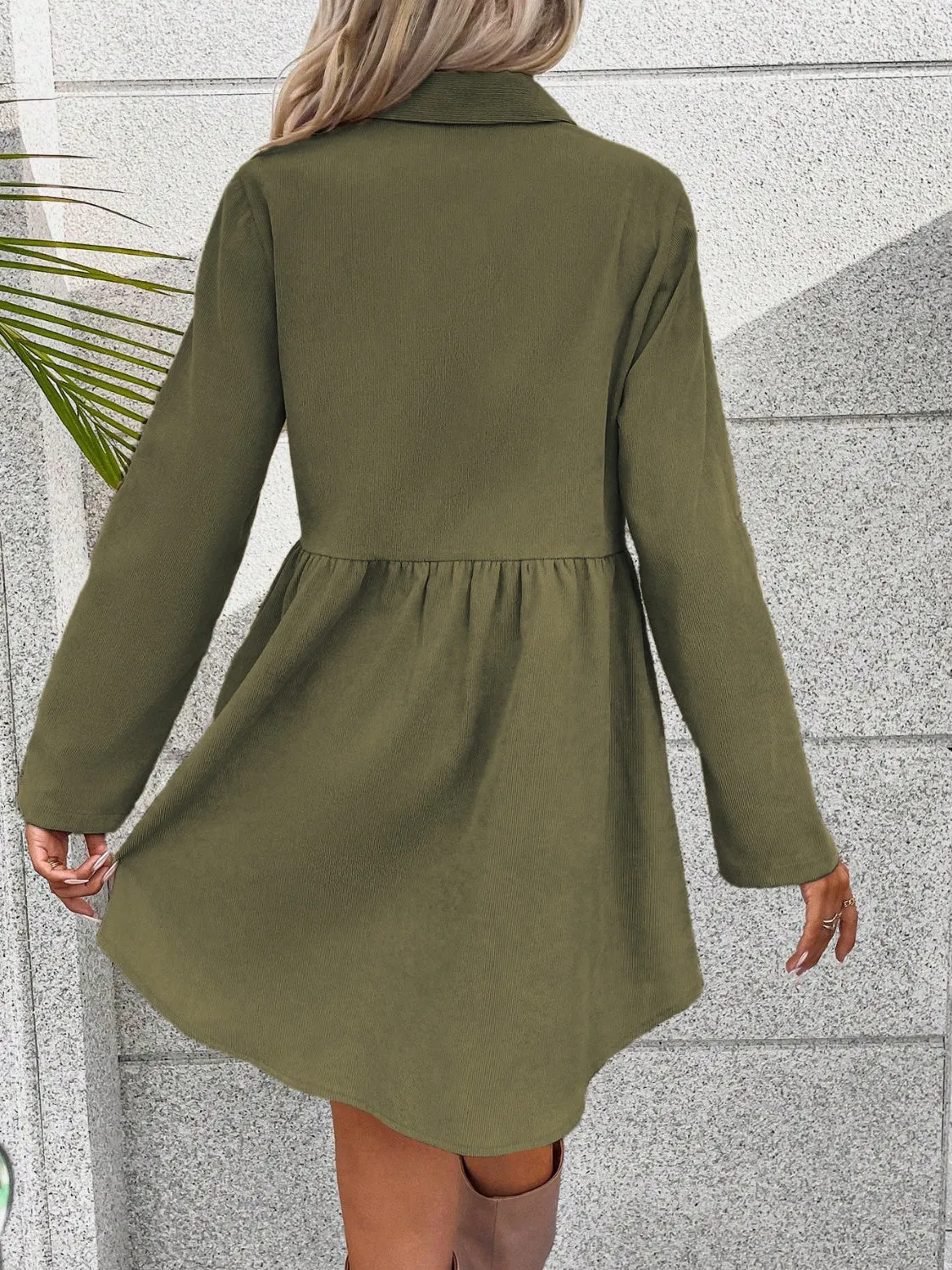 TEEK - Army Green Button Up Collared Neck Long Sleeve Dress