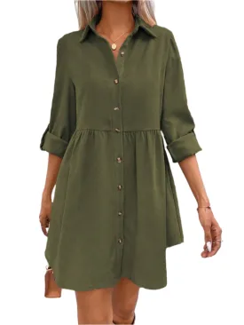 TEEK - Army Green Button Up Collared Neck Long Sleeve Dress