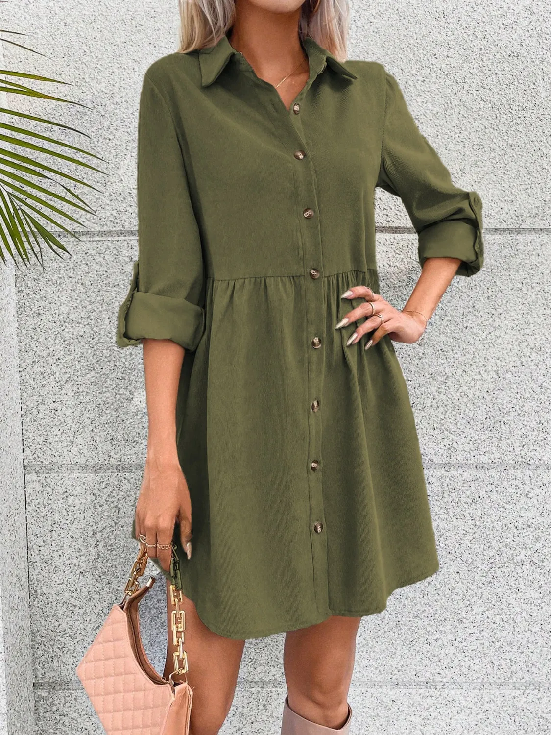 TEEK - Army Green Button Up Collared Neck Long Sleeve Dress