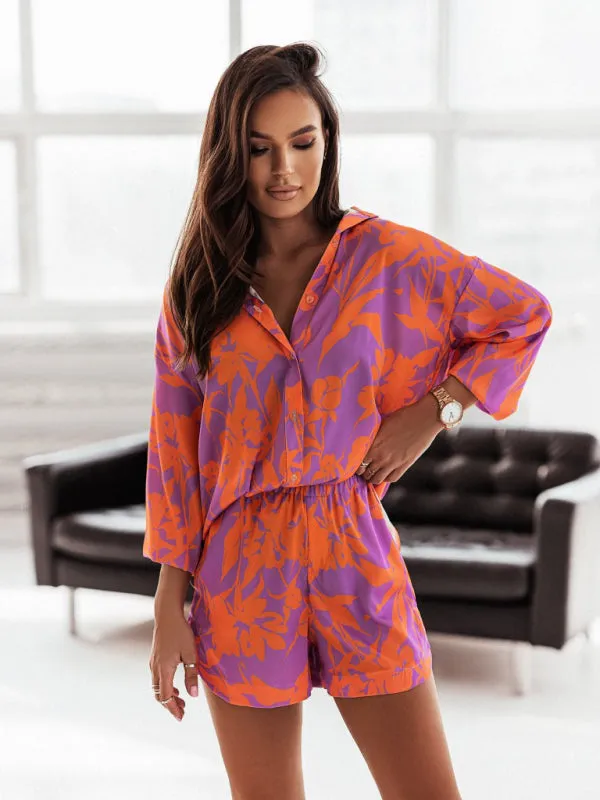 TEEK - Colored Contrast Printed Shirt Pocketed Shorts Set