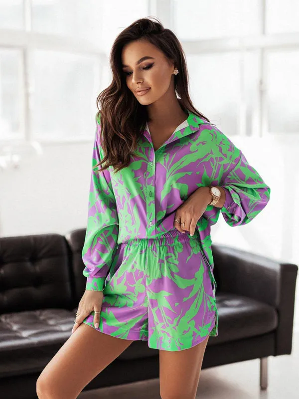 TEEK - Colored Contrast Printed Shirt Pocketed Shorts Set