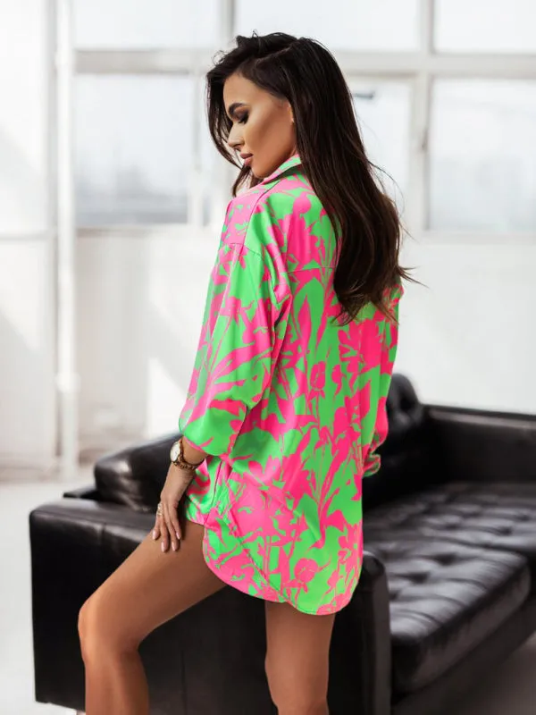 TEEK - Colored Contrast Printed Shirt Pocketed Shorts Set