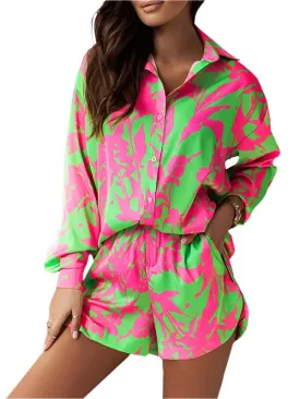 TEEK - Colored Contrast Printed Shirt Pocketed Shorts Set