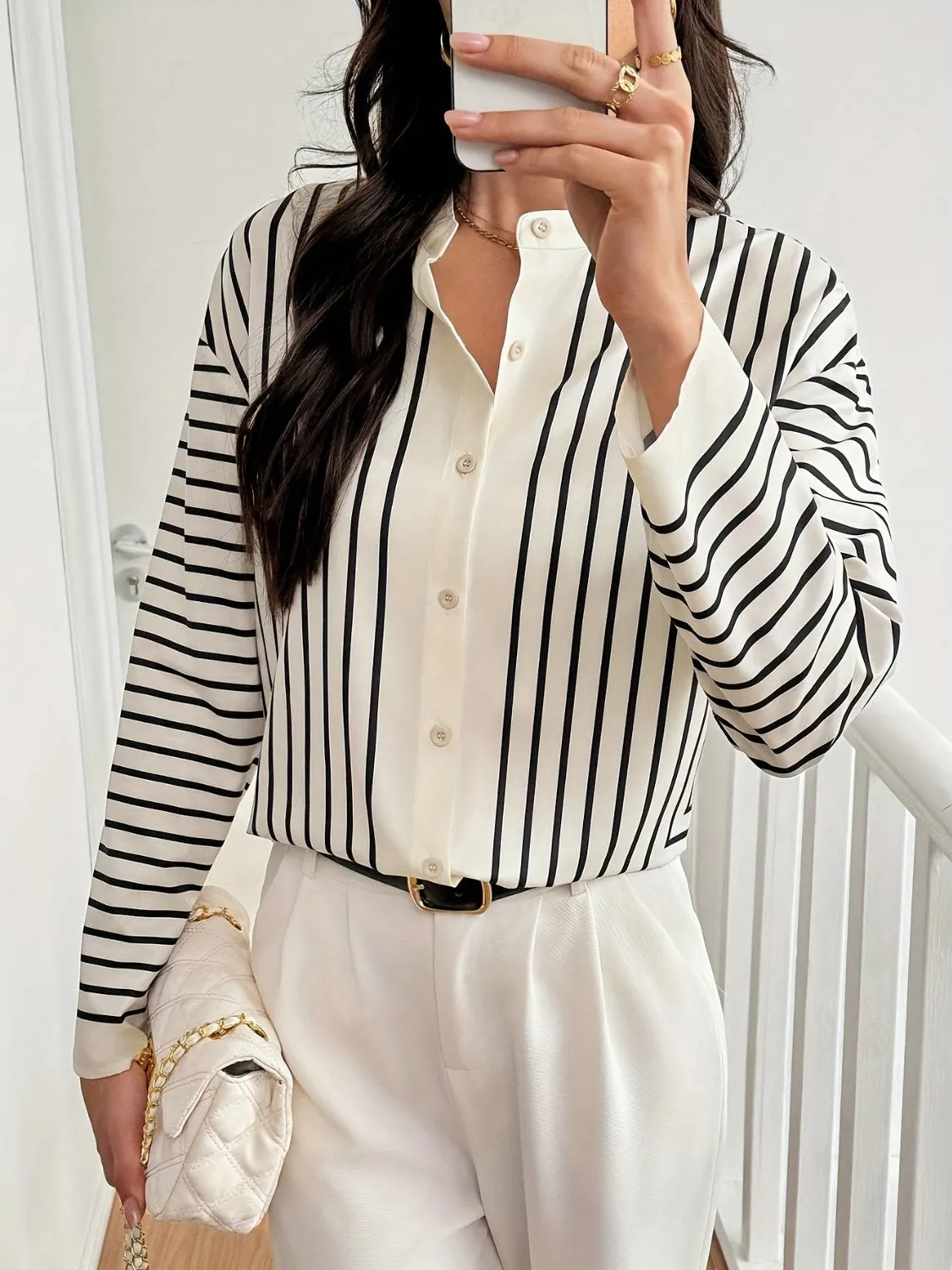 TEEK - Cream Striped Mock Neck Long Sleeve Shirt