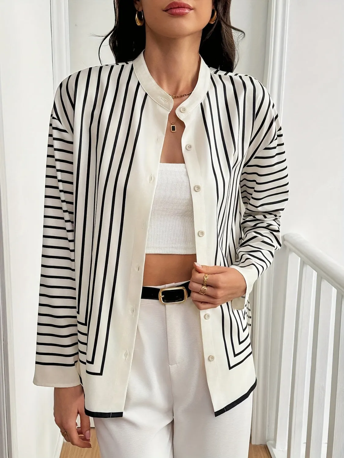 TEEK - Cream Striped Mock Neck Long Sleeve Shirt
