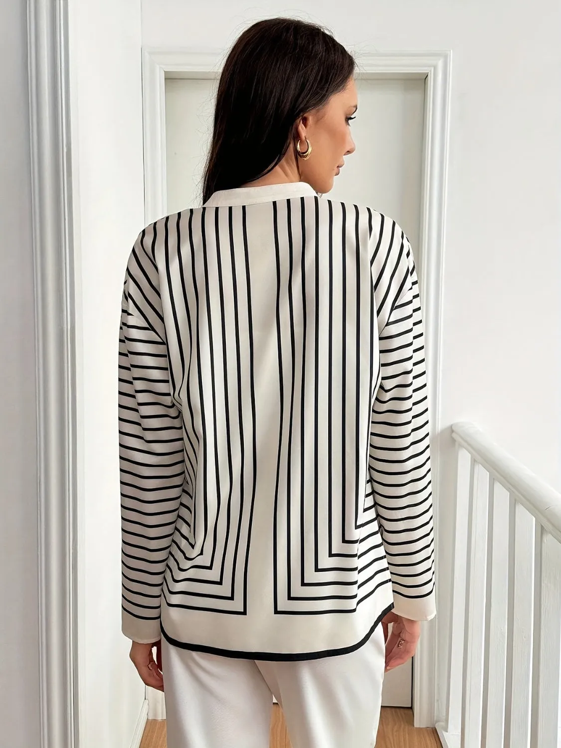 TEEK - Cream Striped Mock Neck Long Sleeve Shirt