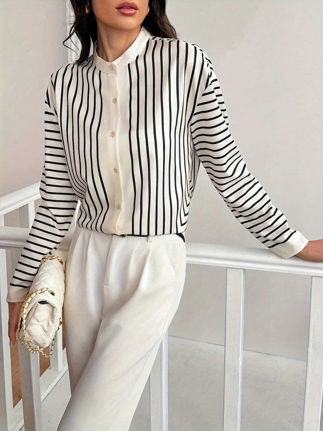 TEEK - Cream Striped Mock Neck Long Sleeve Shirt