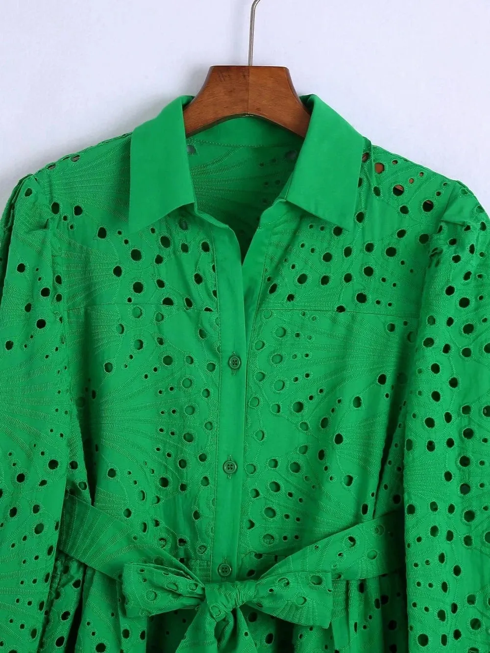 TEEK - Embroidered Lace Green Belted Above Knee Dress