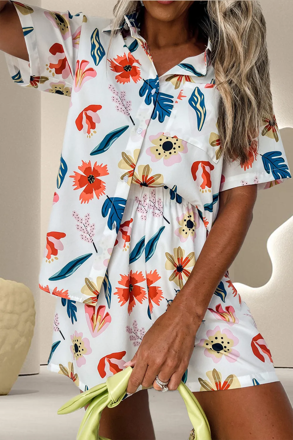 TEEK - Floral Print Button Up Top Shorts Set