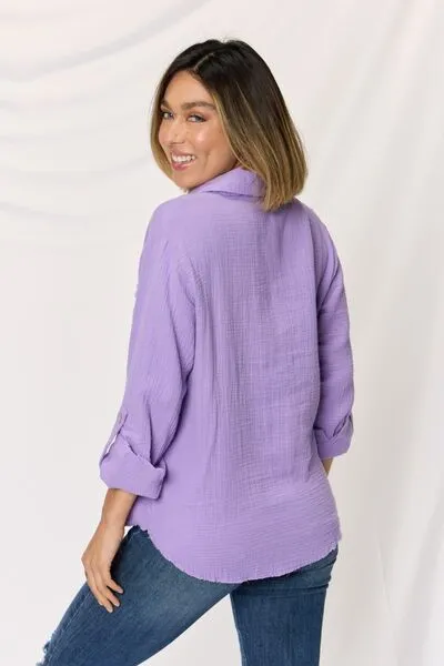 TEEK - Lavender Button Up Raw Hem Long Sleeve Shirt