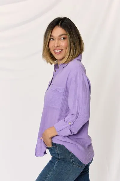 TEEK - Lavender Button Up Raw Hem Long Sleeve Shirt