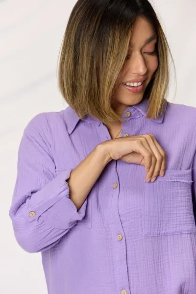 TEEK - Lavender Button Up Raw Hem Long Sleeve Shirt