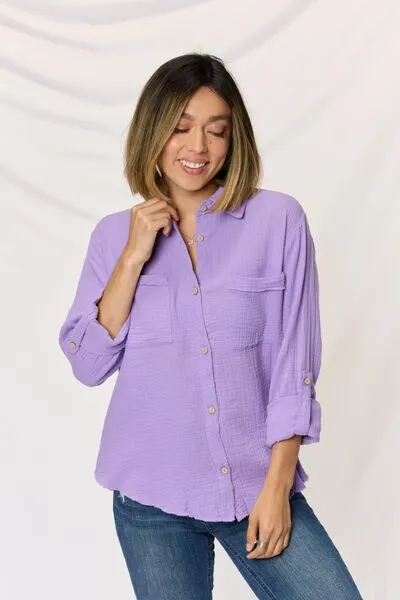 TEEK - Lavender Button Up Raw Hem Long Sleeve Shirt