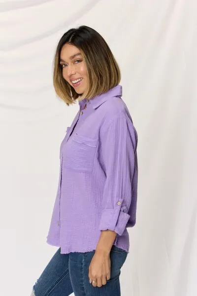 TEEK - Lavender Button Up Raw Hem Long Sleeve Shirt