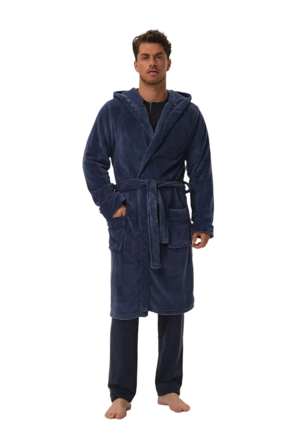 TEEK - Mens Blue Hooded Home Bathrobe