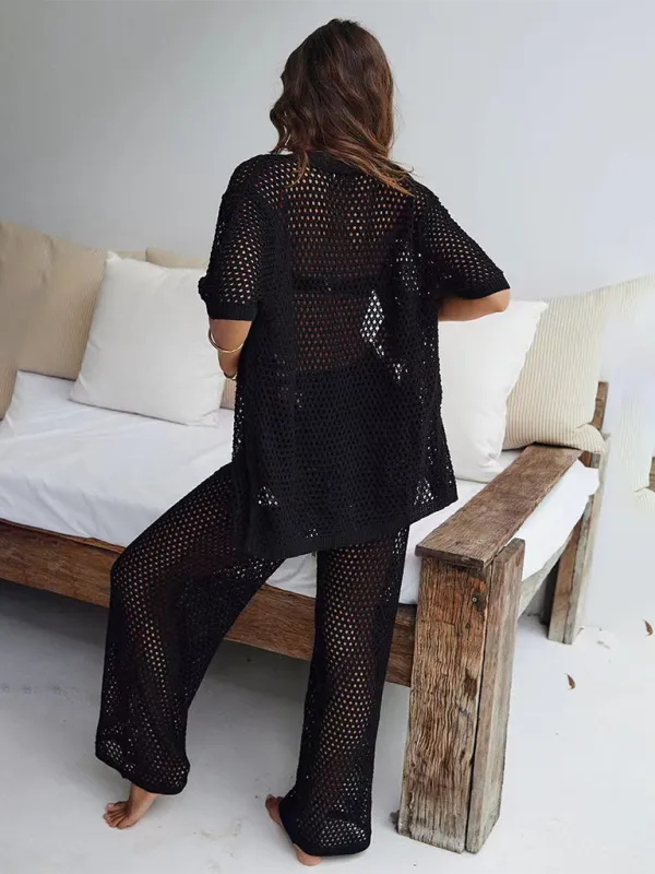 TEEK - Mesh Buttoned Woolen Trousers Short-Sleeved Shirt Set