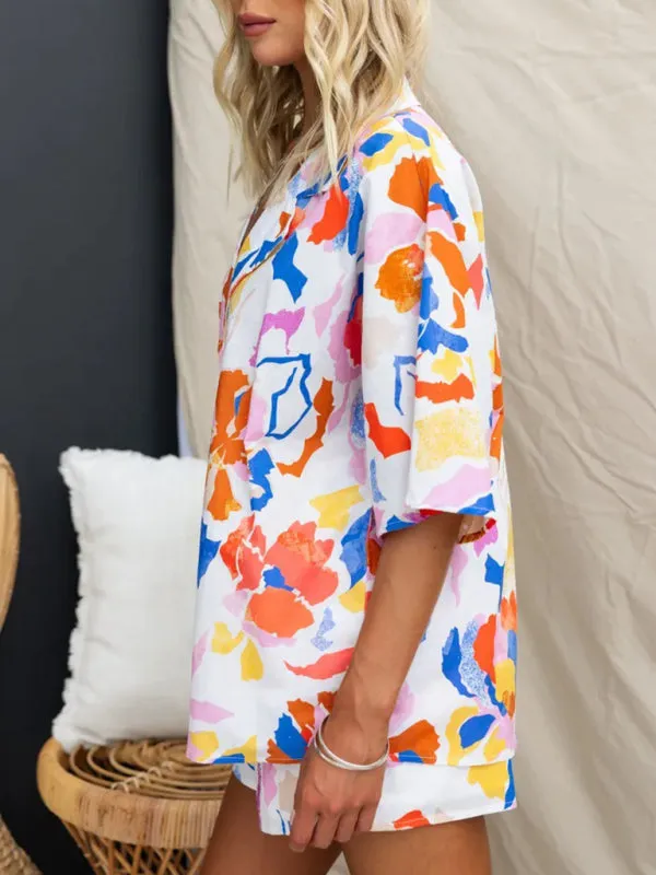 TEEK - Multi-Color Elastic Waist Shorts Short Sleeve Suit