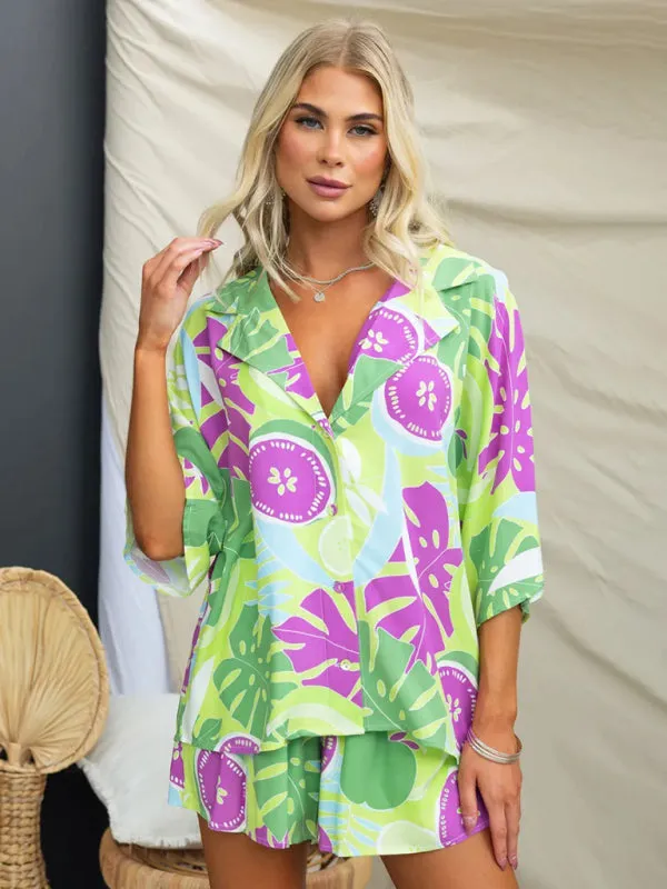 TEEK - Multi-Color Elastic Waist Shorts Short Sleeve Suit