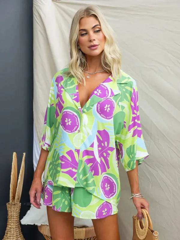 TEEK - Multi-Color Elastic Waist Shorts Short Sleeve Suit