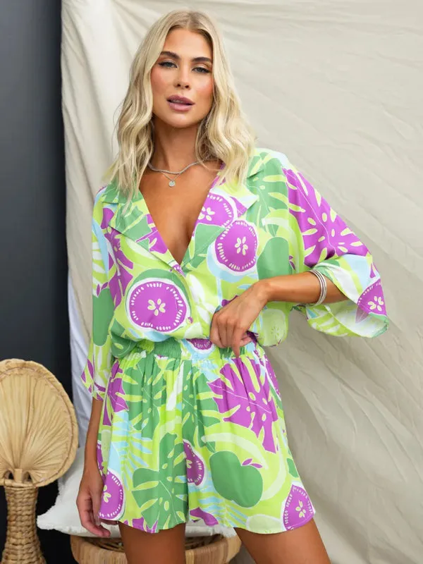 TEEK - Multi-Color Elastic Waist Shorts Short Sleeve Suit
