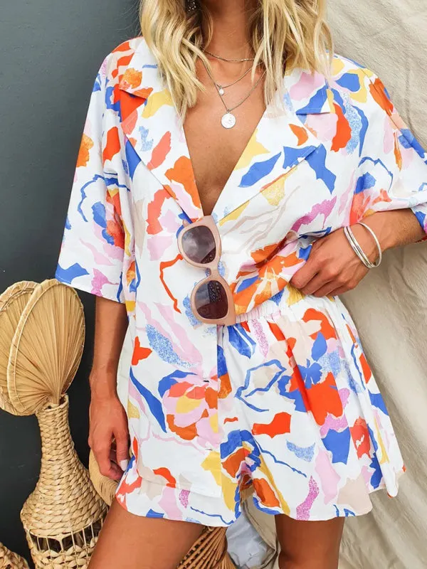 TEEK - Multi-Color Elastic Waist Shorts Short Sleeve Suit
