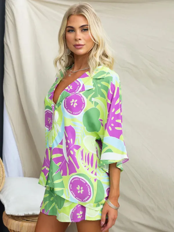 TEEK - Multi-Color Elastic Waist Shorts Short Sleeve Suit