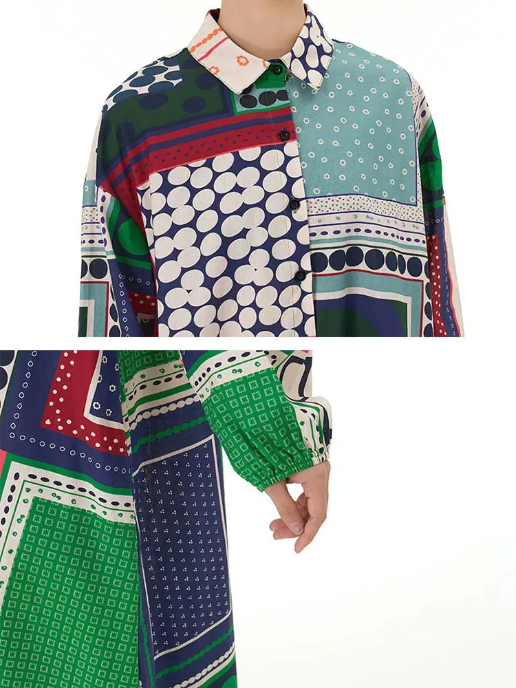 TEEK - Patterned Print Dot Color-Block Shirt Dress