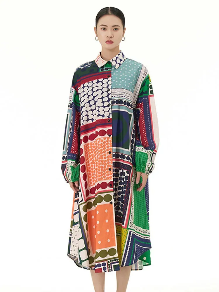 TEEK - Patterned Print Dot Color-Block Shirt Dress