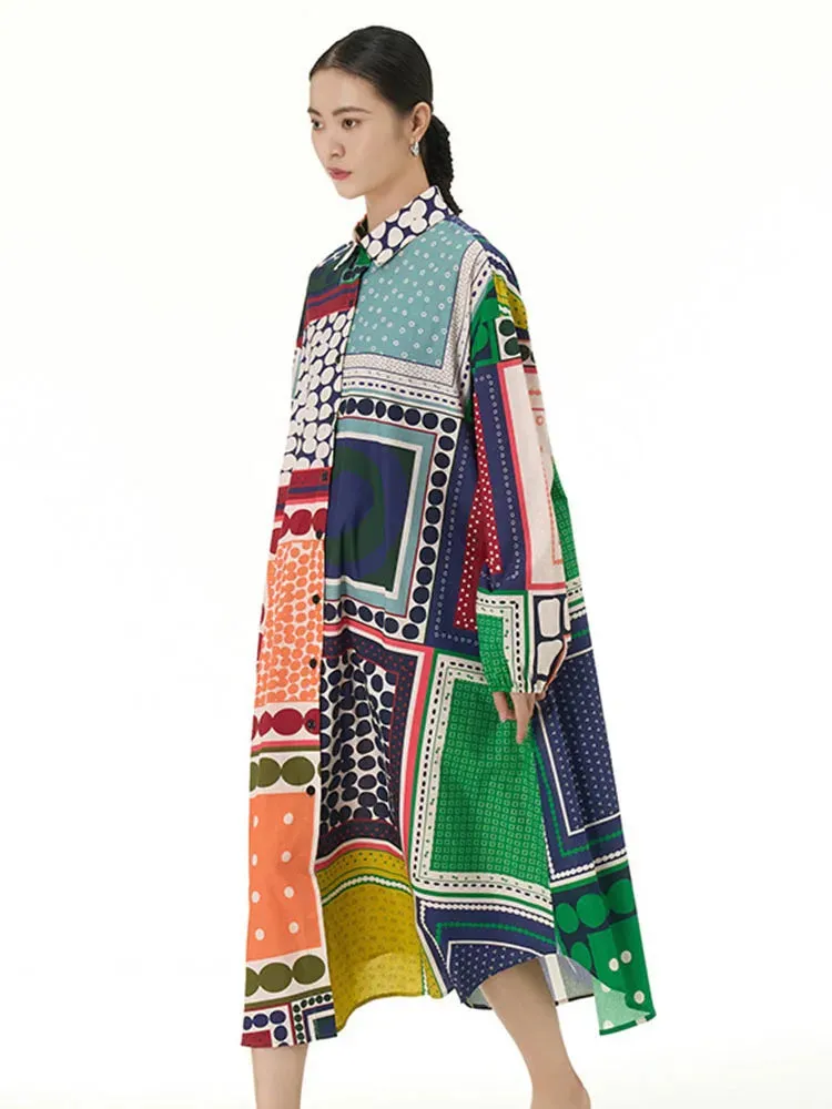 TEEK - Patterned Print Dot Color-Block Shirt Dress