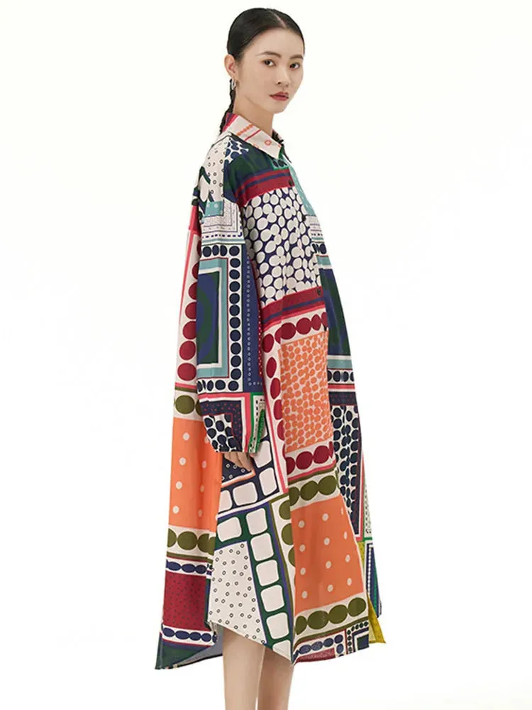 TEEK - Patterned Print Dot Color-Block Shirt Dress