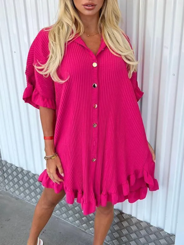 TEEK - Ruffle Sleeve Irregular Shirt Dress