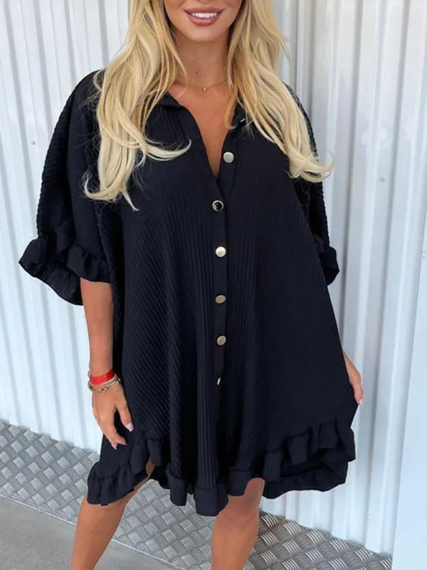 TEEK - Ruffle Sleeve Irregular Shirt Dress