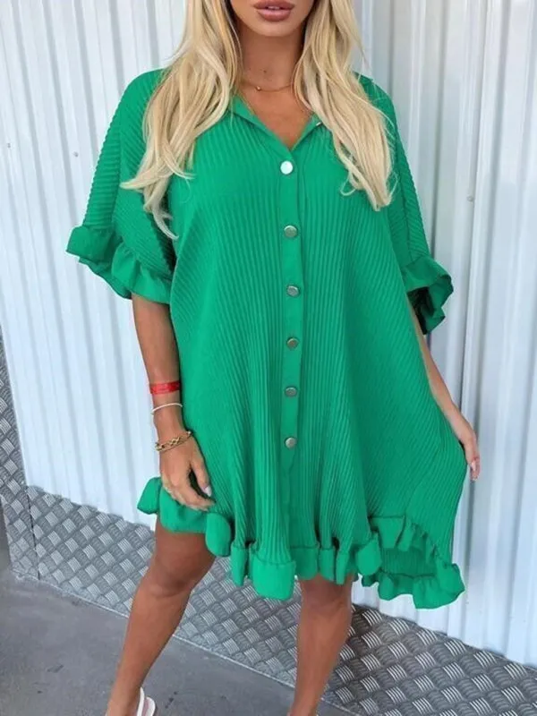 TEEK - Ruffle Sleeve Irregular Shirt Dress