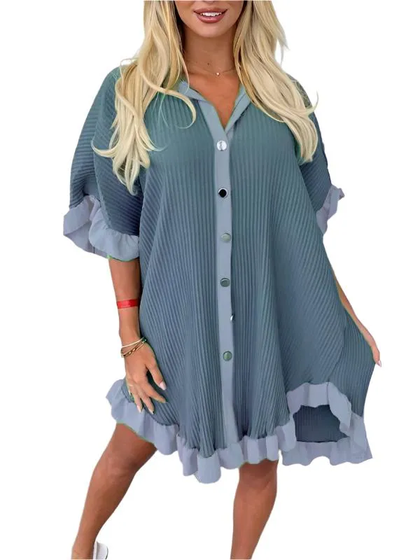 TEEK - Ruffle Sleeve Irregular Shirt Dress