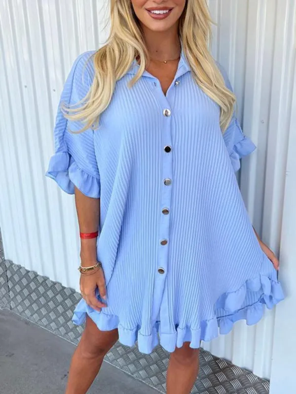 TEEK - Ruffle Sleeve Irregular Shirt Dress
