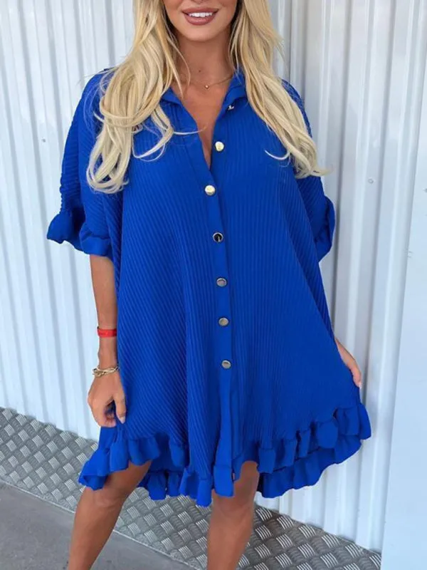 TEEK - Ruffle Sleeve Irregular Shirt Dress