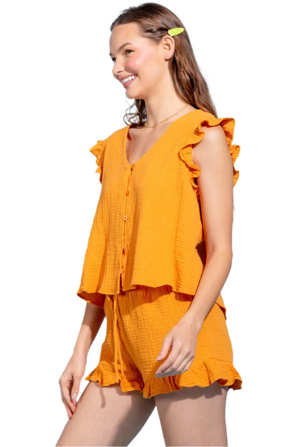 TEEK - Ruffled V-Neck Cap Sleeve Shorts Set