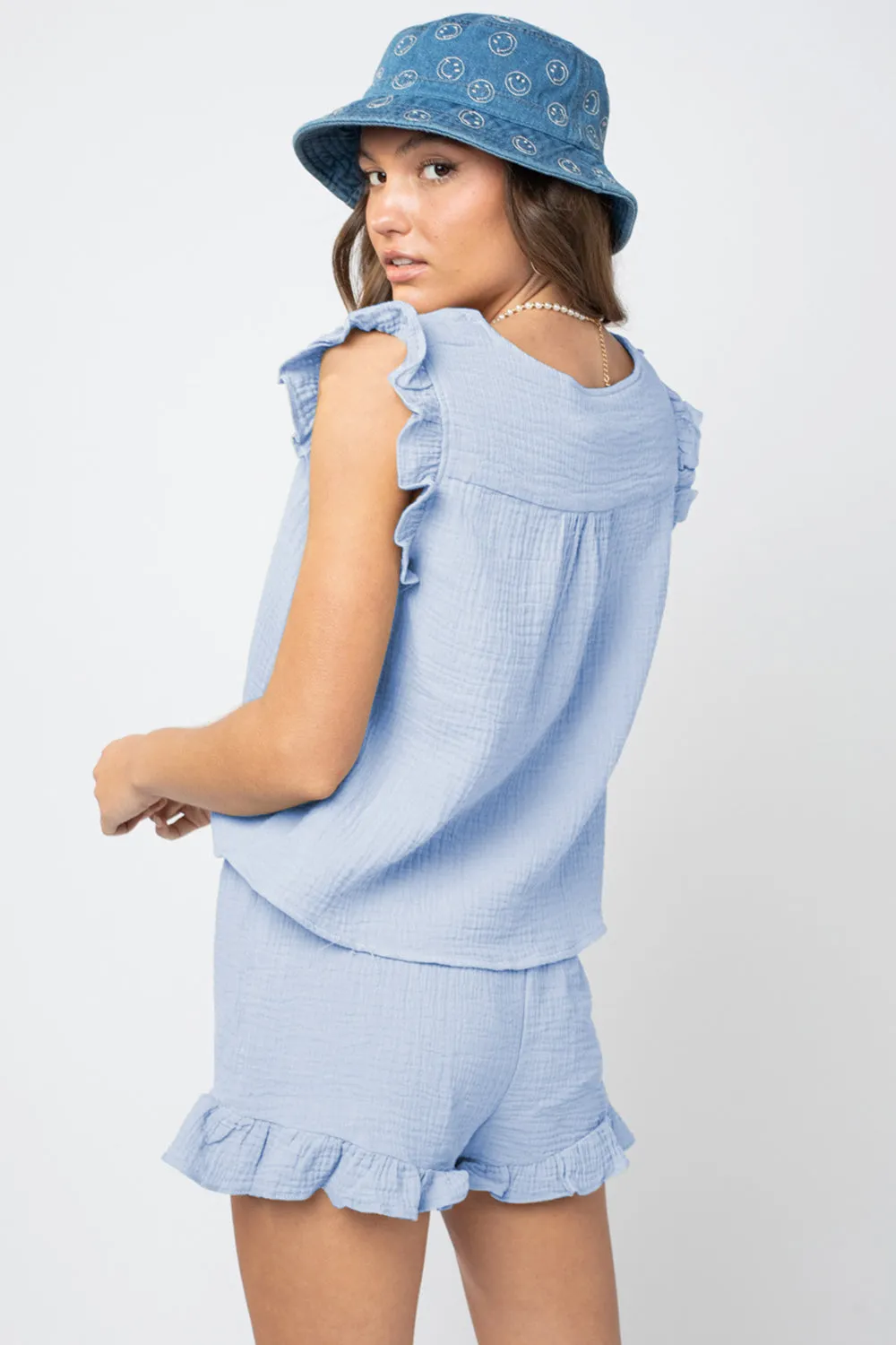 TEEK - Ruffled V-Neck Cap Sleeve Shorts Set