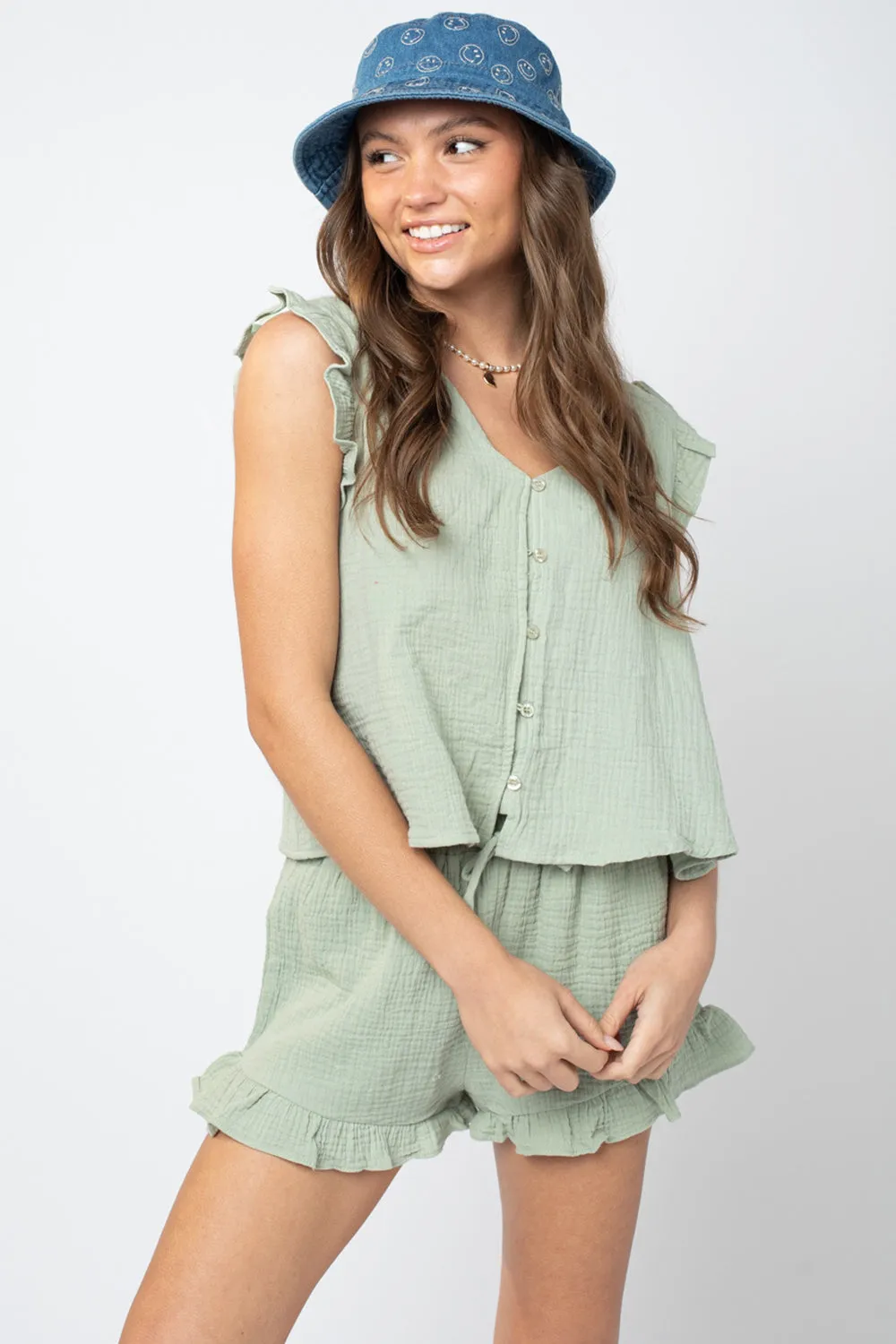 TEEK - Ruffled V-Neck Cap Sleeve Shorts Set