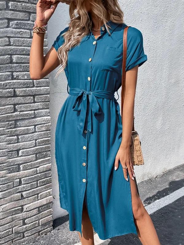 TEEK - Smooth Buttoned Solid Color Belted Dress
