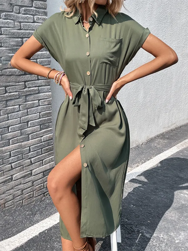 TEEK - Smooth Buttoned Solid Color Belted Dress