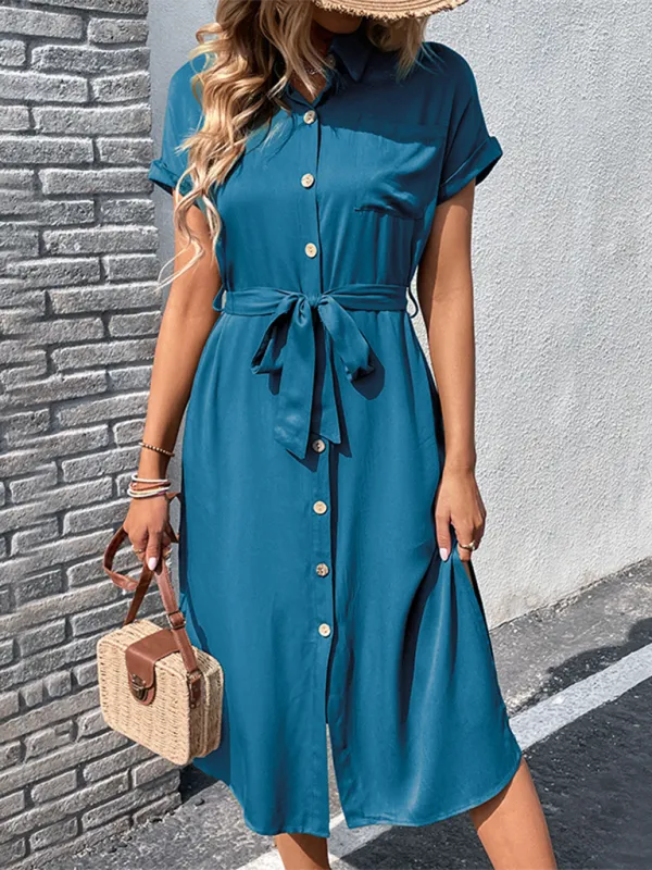 TEEK - Smooth Buttoned Solid Color Belted Dress