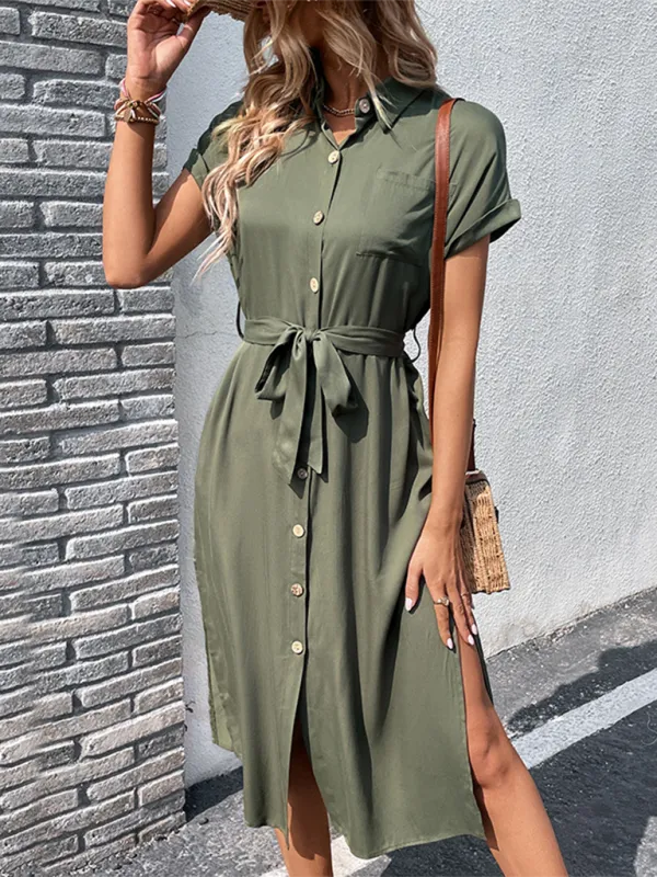 TEEK - Smooth Buttoned Solid Color Belted Dress