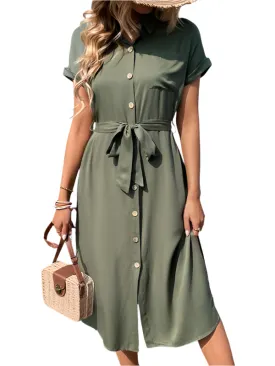 TEEK - Smooth Buttoned Solid Color Belted Dress