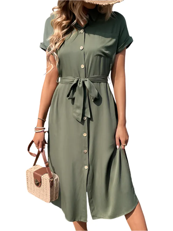TEEK - Smooth Buttoned Solid Color Belted Dress