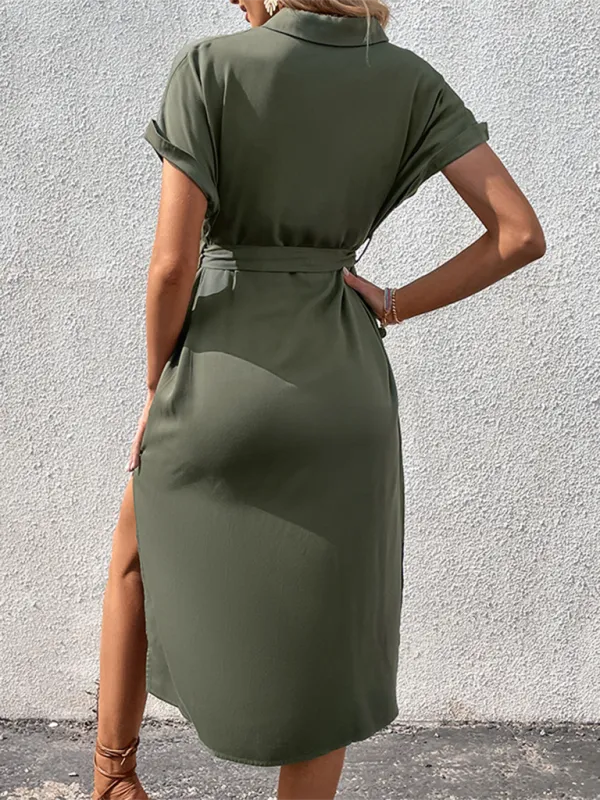 TEEK - Smooth Buttoned Solid Color Belted Dress